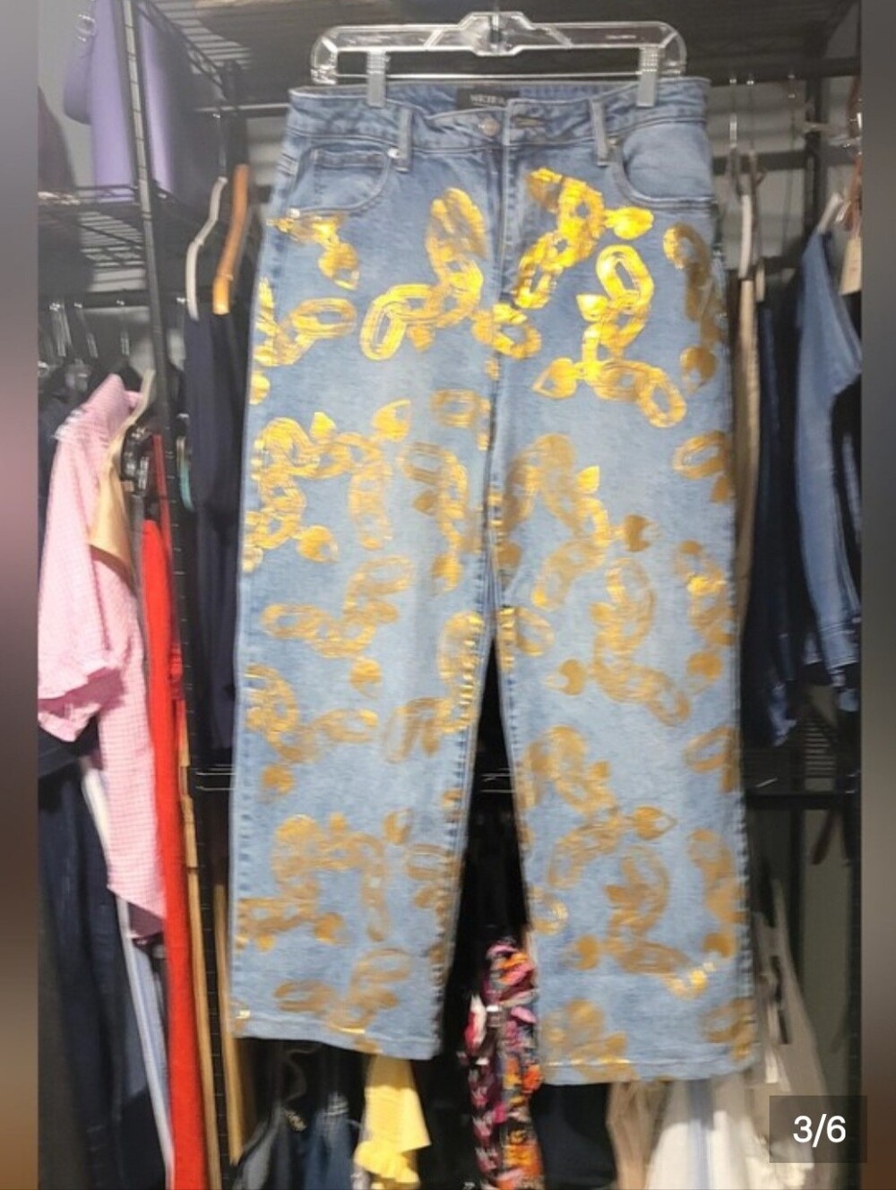 5 For $25 AKIRA Light Blue Jeans with Metallic Gold Chain Print